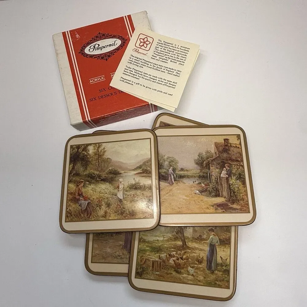 Vintage Pimpernel 6 Pack Coasters “Country Life” Acrylic Cork Back Original Box